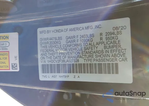 2020 Honda Accord Sport 2.0T z USA, uszkodzony, nr VIN 1HGCV2F38LA027328